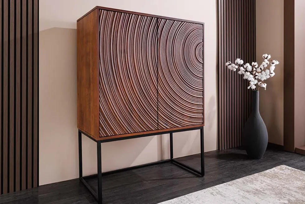 Design Highboard ORBIT 120cm braun Mangoholz mit 3D-Front schwarz Metall
