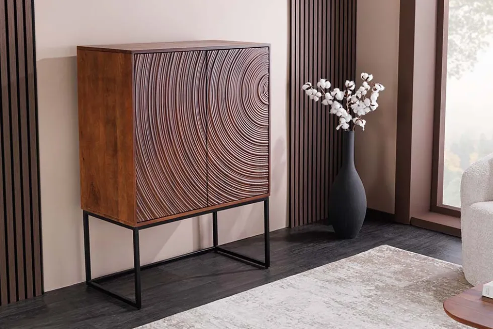 Design Highboard ORBIT 120cm braun Mangoholz mit 3D-Front schwarz Metall