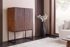 Design Highboard ORBIT 120cm braun Mangoholz mit 3D-Front schwarz Metall