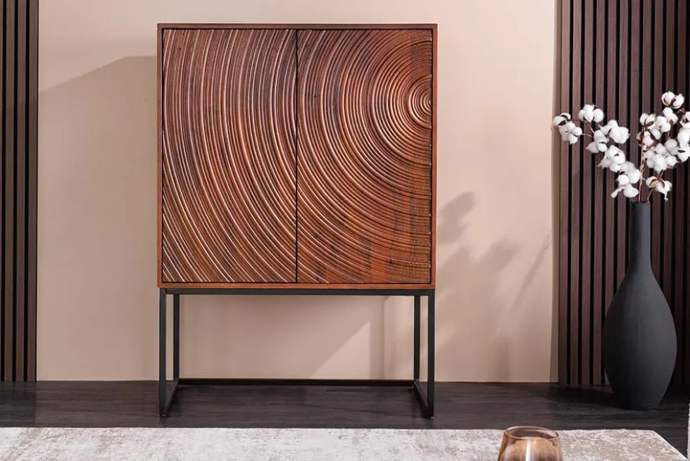 Design Highboard ORBIT 120cm braun Mangoholz mit 3D-Front schwarz Metall