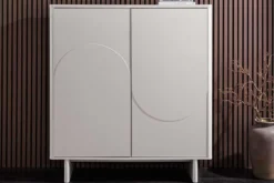 Design Highboard SAVOY 130cm kaschmir weiß Marmor Keramik mit Stauraum und 3D-Front