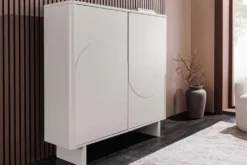 Design Highboard SAVOY 130cm kaschmir weiß Marmor Keramik mit Stauraum und 3D-Front