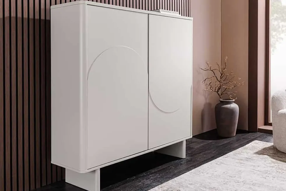 Design Highboard SAVOY 130cm kaschmir weiß Marmor Keramik mit Stauraum und 3D-Front