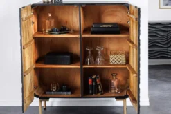 Design Highboard WAVE 120cm schwarz Mangoholz mit 3D Schnitzereien mattgold Metallbeine