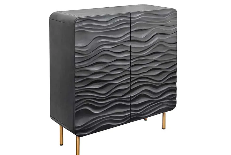 Design Highboard WAVE 120cm schwarz Mangoholz mit 3D Schnitzereien mattgold Metallbeine