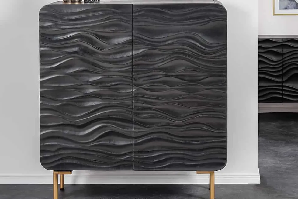 Design Highboard WAVE 120cm schwarz Mangoholz mit 3D Schnitzereien mattgold Metallbeine