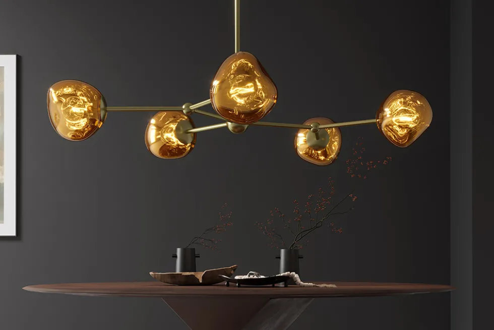 Design Hängelampe LIQUID DIAMOND 100cm gold Glas Stahl fünf Schirme Kugelleuchte