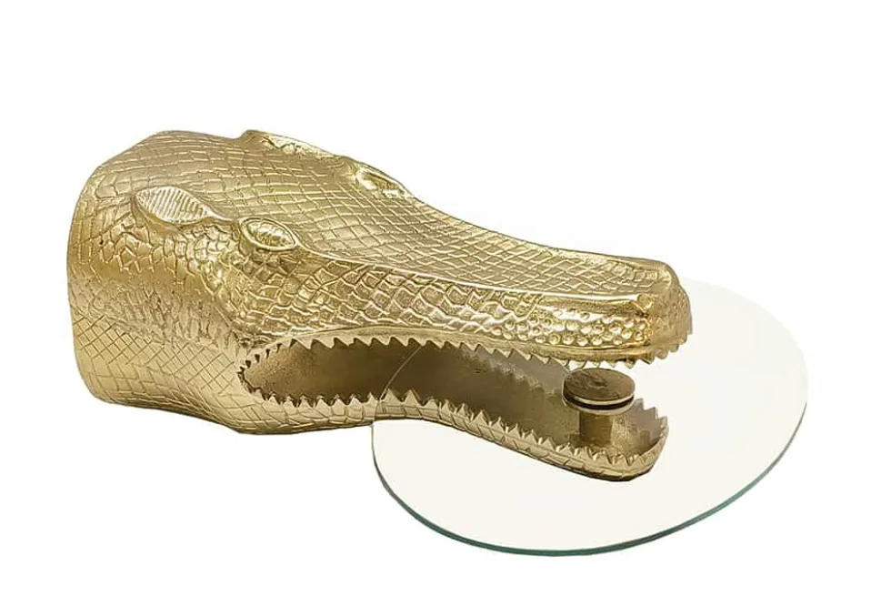 Design Hängetisch WILDLIFE CROCODILE 75cm gold Krokodil oval Glas Beistelltisch