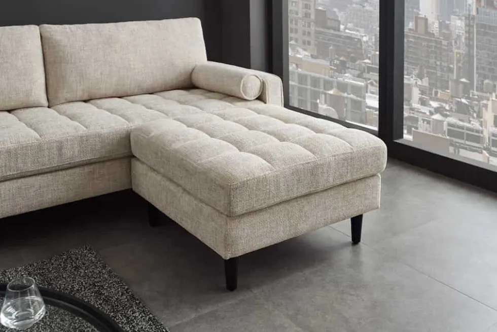 Design Hocker COZY VELVET 80cm beige Chenille Federkern Holzfüße