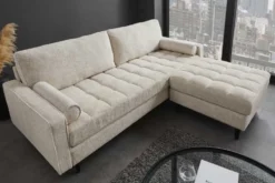 Design Hocker COZY VELVET 80cm beige Chenille Federkern Holzfüße