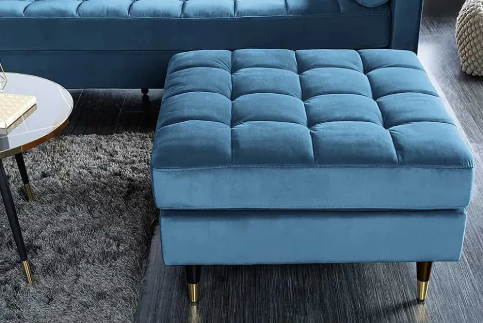 Design Hocker COZY VELVET 80cm petrol blau gold Samt Metallfüße