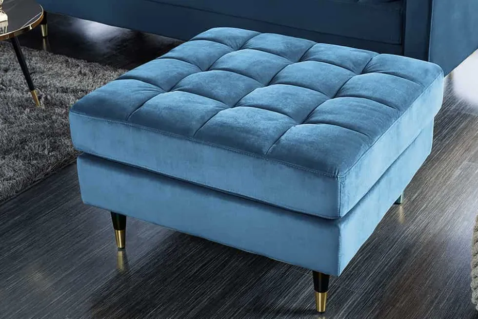 Design Hocker COZY VELVET 80cm petrol blau gold Samt Metallfüße