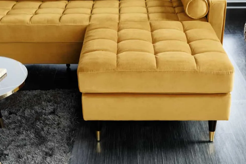Design Hocker COZY VELVET 80cm senfgelb gold Samt Metallfüße