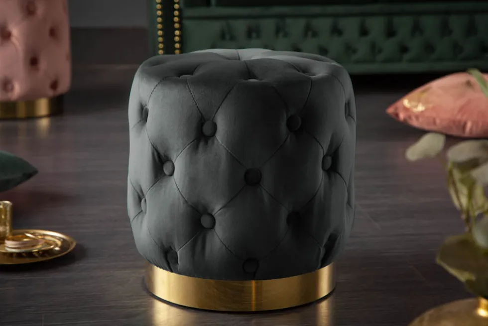 Design Hocker MODERN BAROCK 40cm schwarz gold Samt Chesterfield