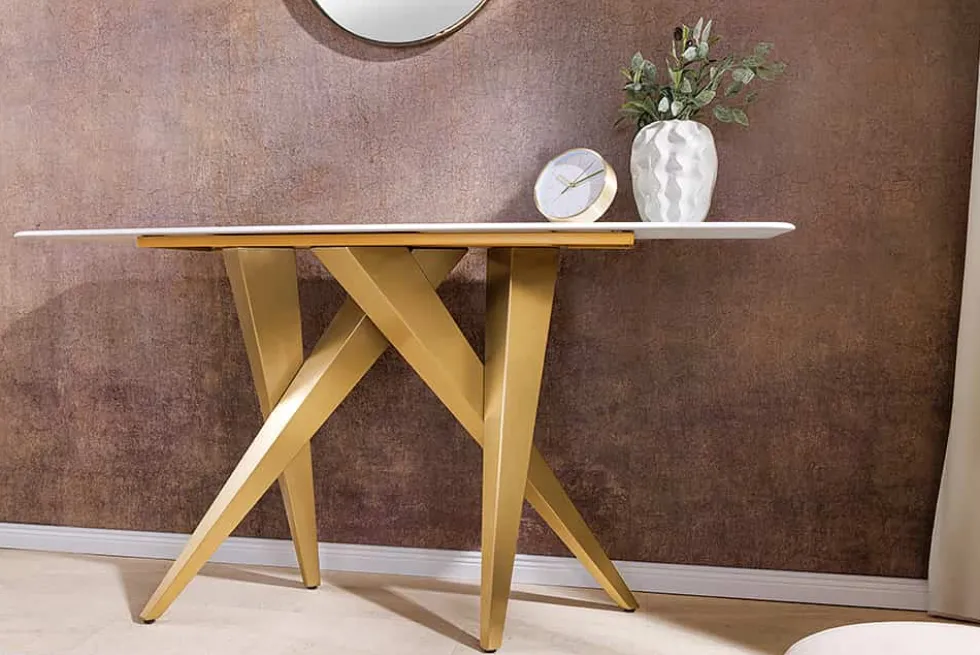 Design Konsolentisch ART LIVING 140cm weiß Marmor Keramik champagner gold brushed