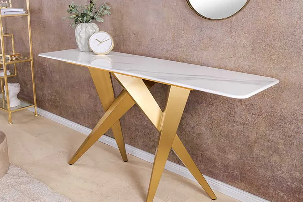 Design Konsolentisch ART LIVING 140cm weiß Marmor Keramik champagner gold brushed