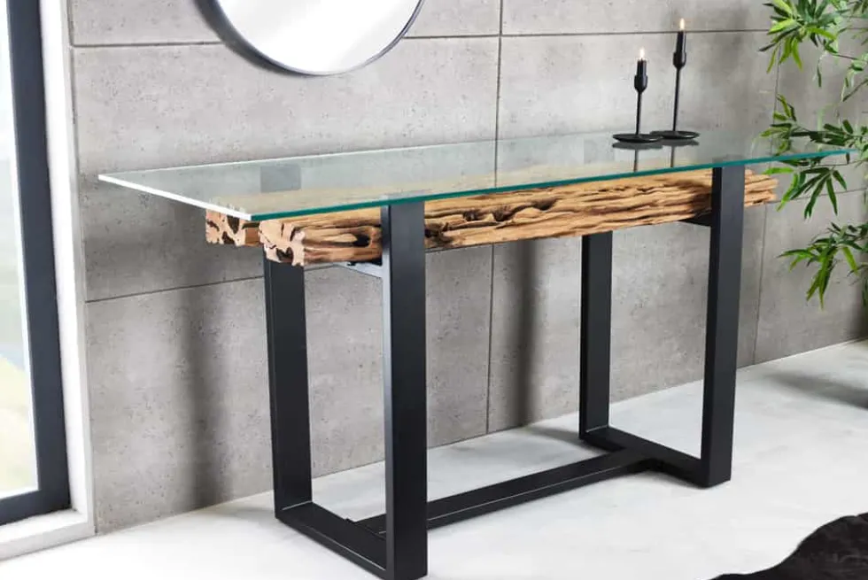 Design Konsolentisch BARRACUDA 150cm recyceltes Teakholz Glas Industrial