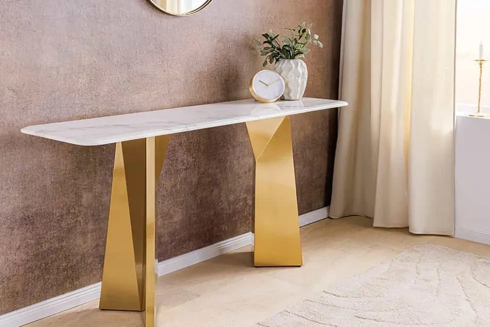 Design Konsolentisch EXTRAVAGANCIA 140cm weiß Marmor brushed champagner gold Metall