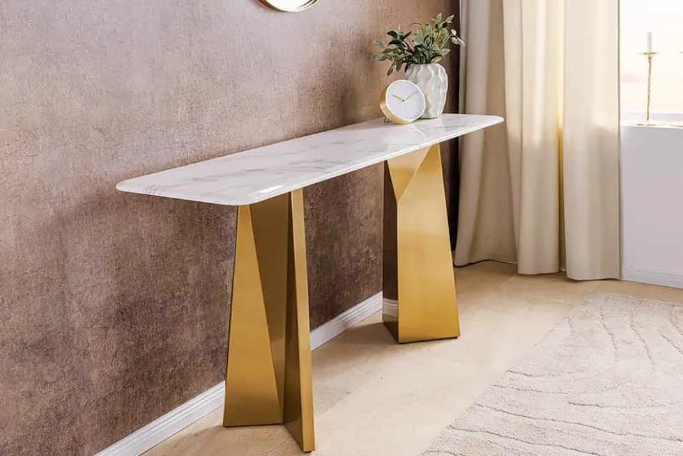 Design Konsolentisch EXTRAVAGANCIA 140cm weiß Marmor brushed champagner gold Metall
