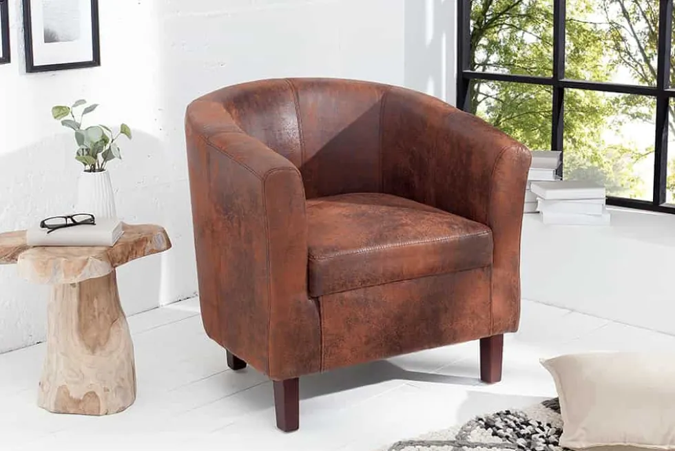 Design Lounge Sessel HEMINGWAY whisky braun mit Armlehnen Cocktailsessel Massivholzbeine