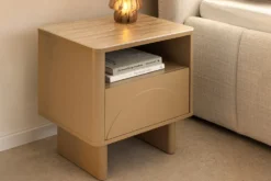 Design Nachttisch SAVOY 50cm grau beige greige Keramik Travertin Beistelltisch