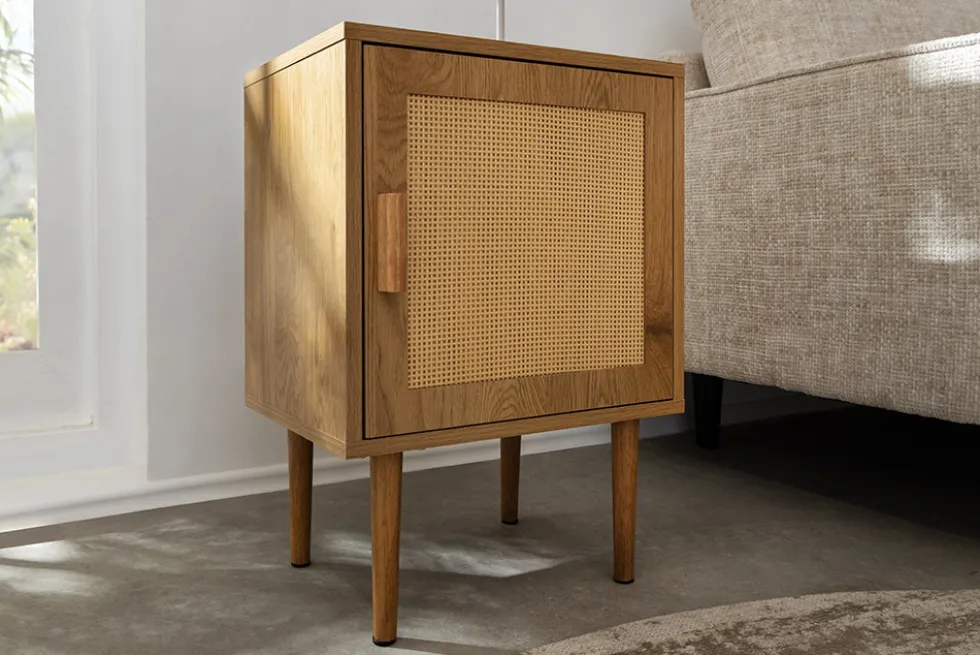 Design Nachttisch VIENNA 60cm natur Rattan Geflecht Beistelltisch mit Stauraum