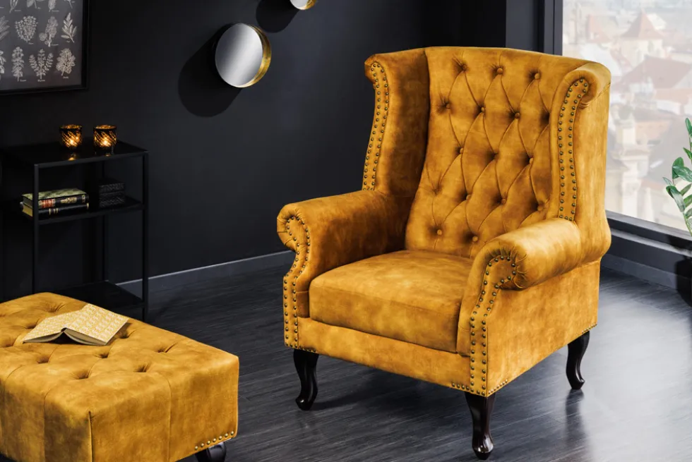 Design Ohrensessel CHESTERFIELD 85cm senfgelb Samt Knopfheftung