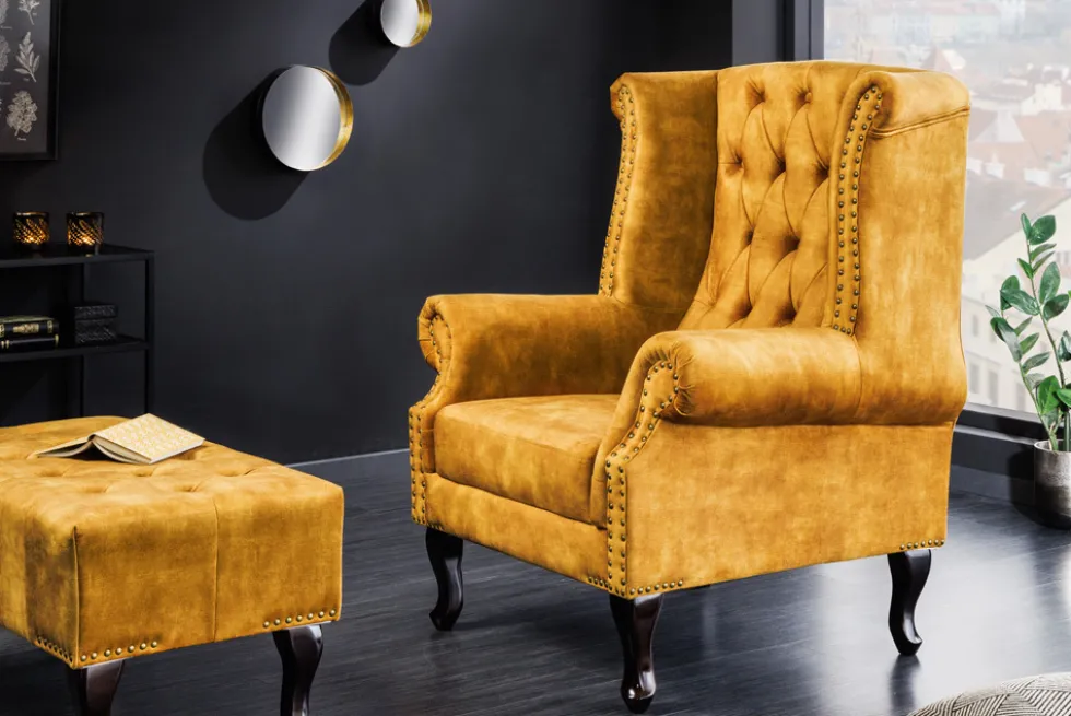 Design Ohrensessel CHESTERFIELD 85cm senfgelb Samt Knopfheftung