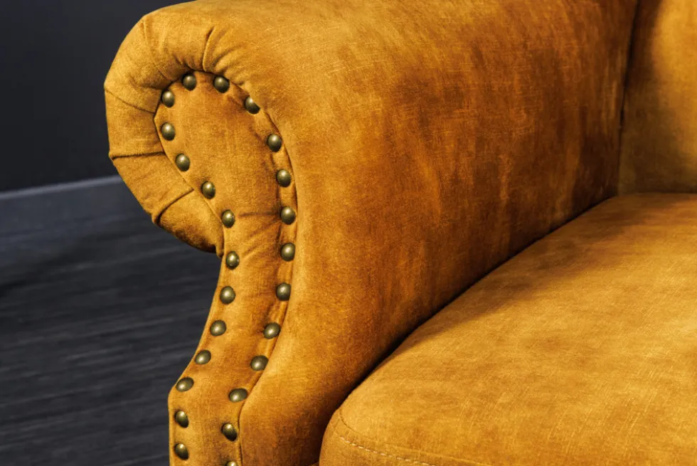 Design Ohrensessel CHESTERFIELD 85cm senfgelb Samt Knopfheftung