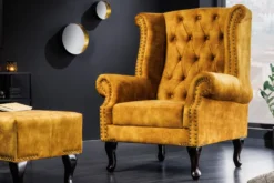 Design Ohrensessel CHESTERFIELD 85cm senfgelb Samt Knopfheftung