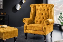 Design Ohrensessel CHESTERFIELD 85cm senfgelb Samt Knopfheftung