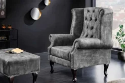 Design Ohrensessel CHESTERFIELD 105cm grau Samt silber Nieten