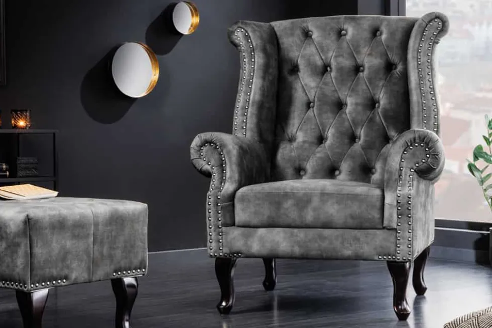 Design Ohrensessel CHESTERFIELD 105cm grau Samt silber Nieten