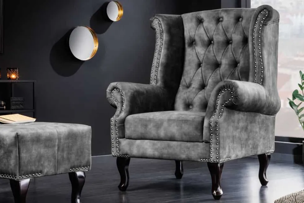 Design Ohrensessel CHESTERFIELD 105cm grau Samt silber Nieten
