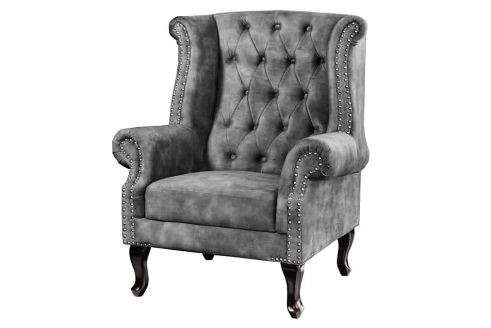 Design Ohrensessel CHESTERFIELD 105cm grau Samt silber Nieten
