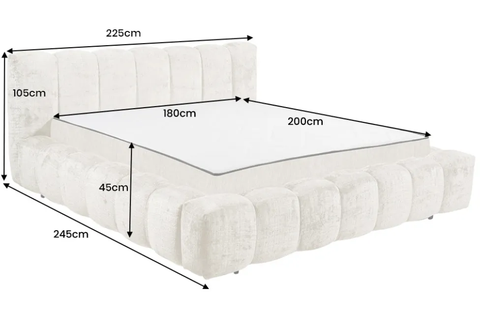 Design Polsterbett DIAMOND 180x200cm weiß Chenille Cremona inkl. Matratze Topper Lattenrost