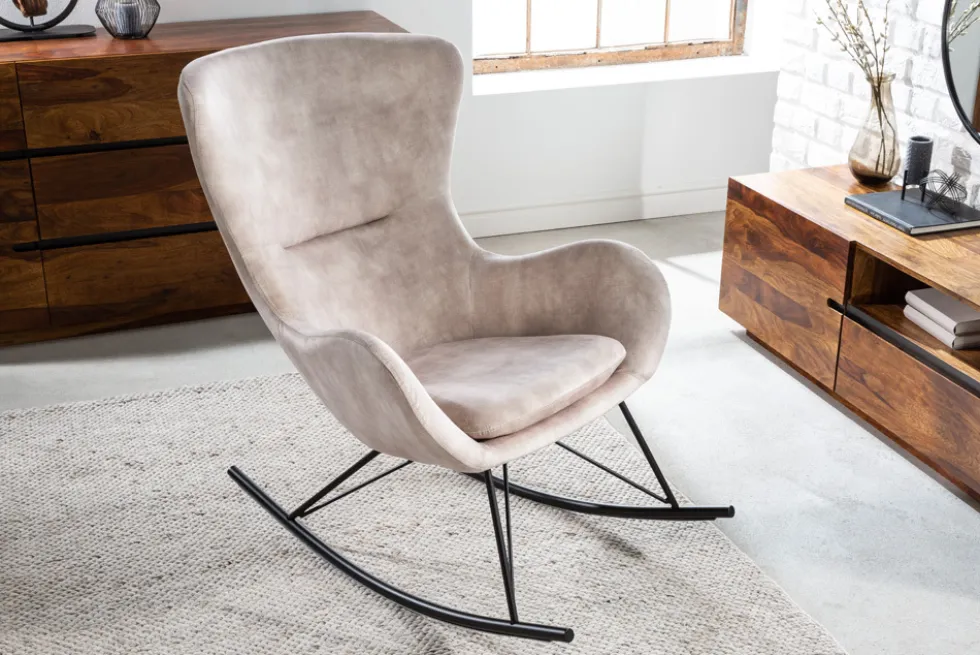 Design Schaukelstuhl SCANDINAVIA SWING champagner greige Samt Schaukelsessel