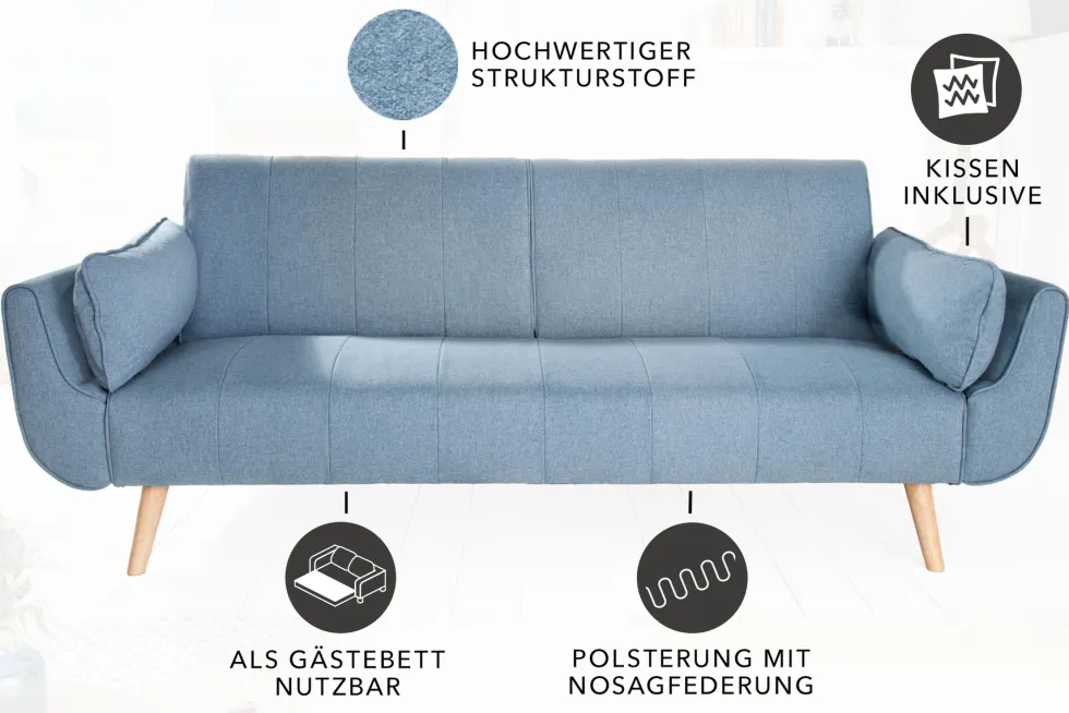 Design Schlafsofa DIVANI 220cm hellblau Strukturstoff Scandinavian 3-Sitzer mit Bettfunktion