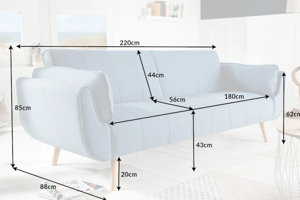 Design Schlafsofa DIVANI 220cm hellblau Strukturstoff Scandinavian 3-Sitzer mit Bettfunktion