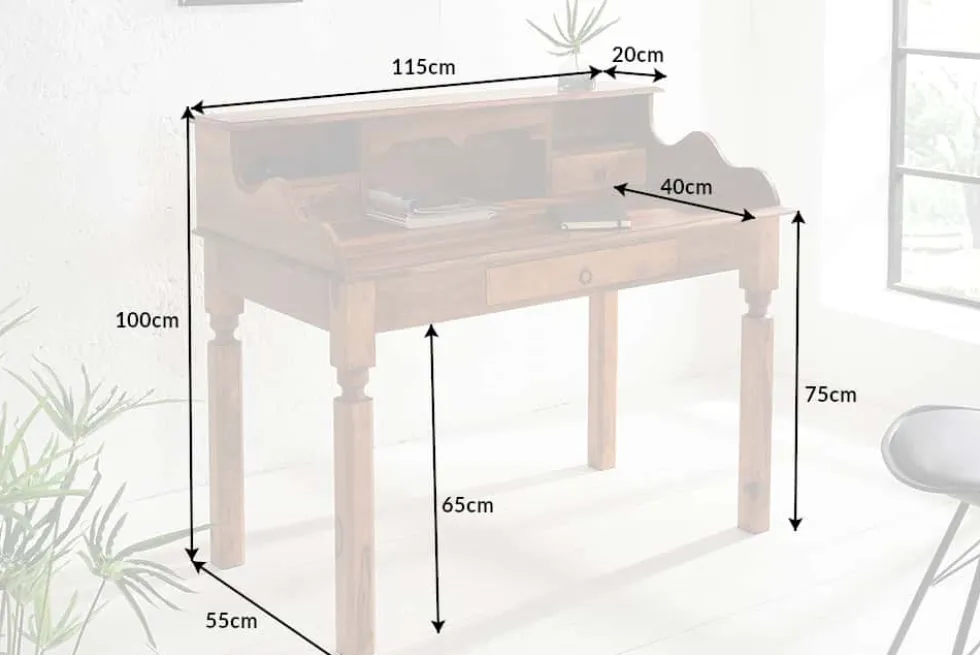 Design Sekretär HEMINGWAY L 115cm braun Sheesham Massivholz stone finish Schreibtisch