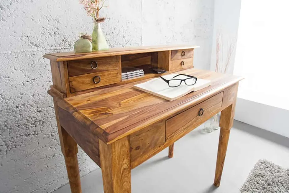Design Sekretär HEMINGWAY M 90cm braun Sheesham Massivholz stone finish Schreibtisch