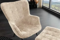 Design Sessel SCANDINAVIA champagner Chenille Cremona schwarz Metall mit Armlehne