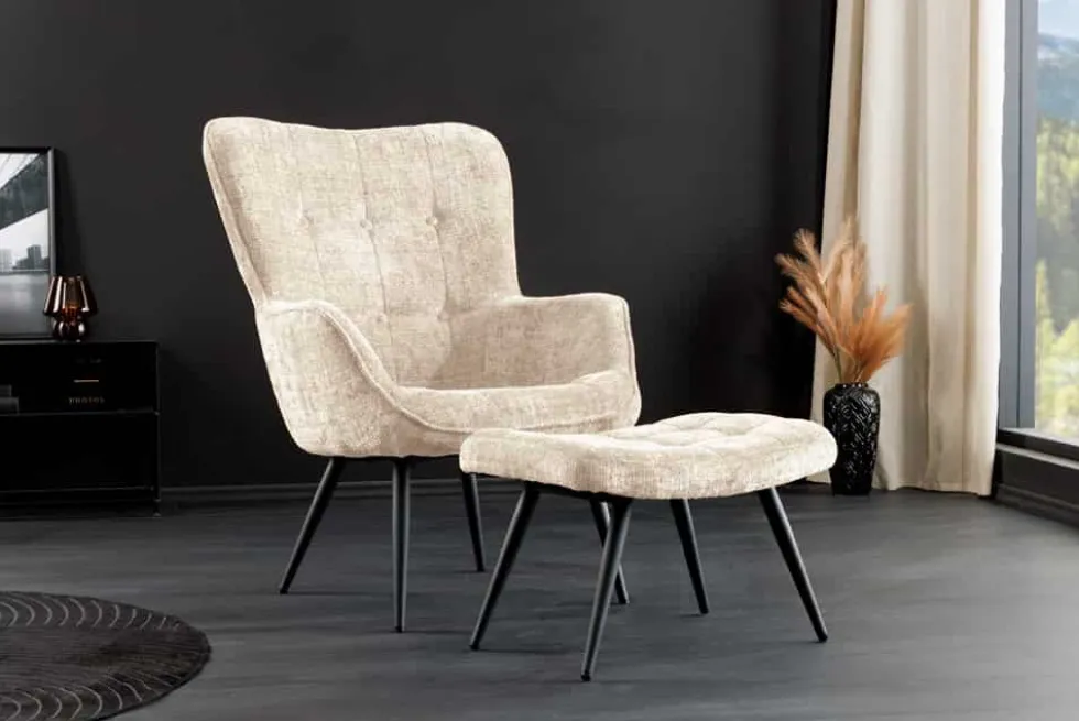 Design Sessel SCANDINAVIA champagner Chenille Cremona schwarz Metall mit Armlehne