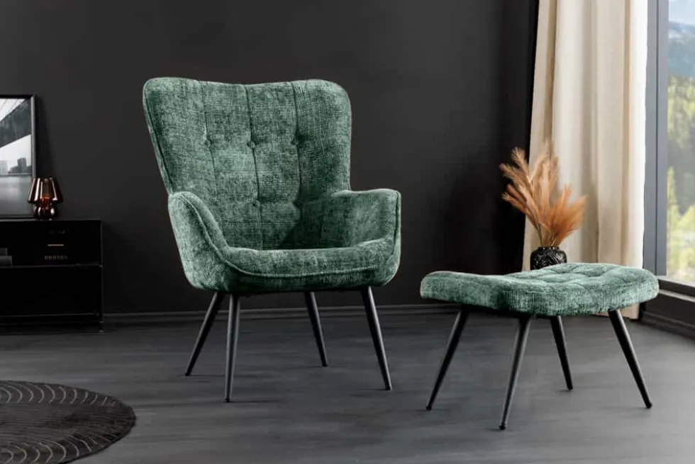 Design Sessel SCANDINAVIA grün Chenille Cremona schwarz Metall mit Armlehne