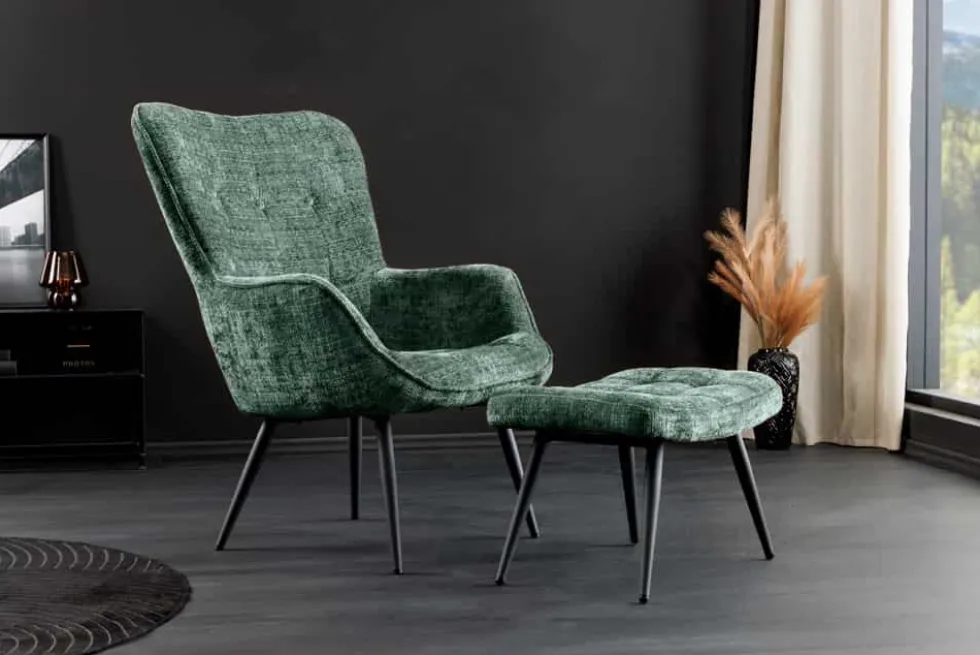 Design Sessel SCANDINAVIA grün Chenille Cremona schwarz Metall mit Armlehne