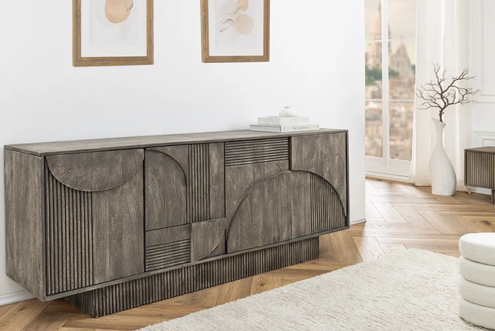Design Sideboard ART DECO 170cm grau smoked Mangoholz massiv 3D-Front