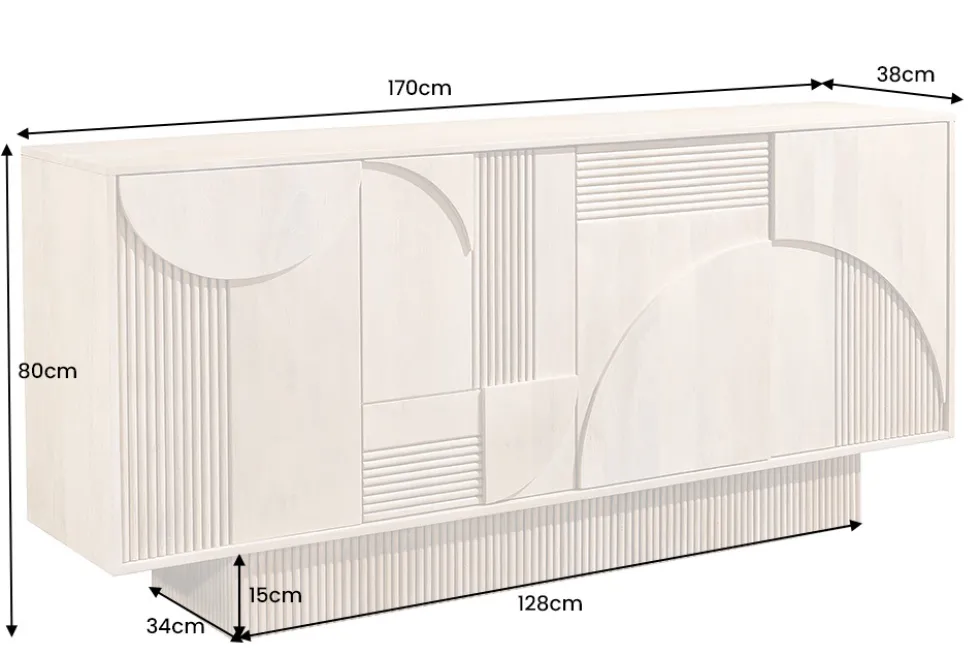 Design Sideboard ART DECO 170cm weiß gekälkt Mangoholz massiv 3D-Front