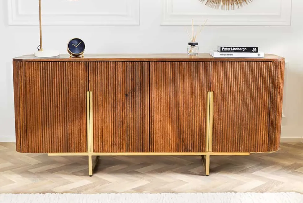 Design Sideboard GATSBY 160cm braun mattgold Mangoholz Retro