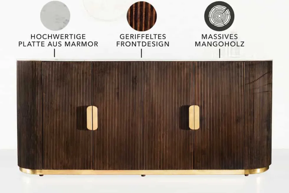 Design Sideboard GATSBY 170cm braun gold Mangoholz weiße Marmorplatte