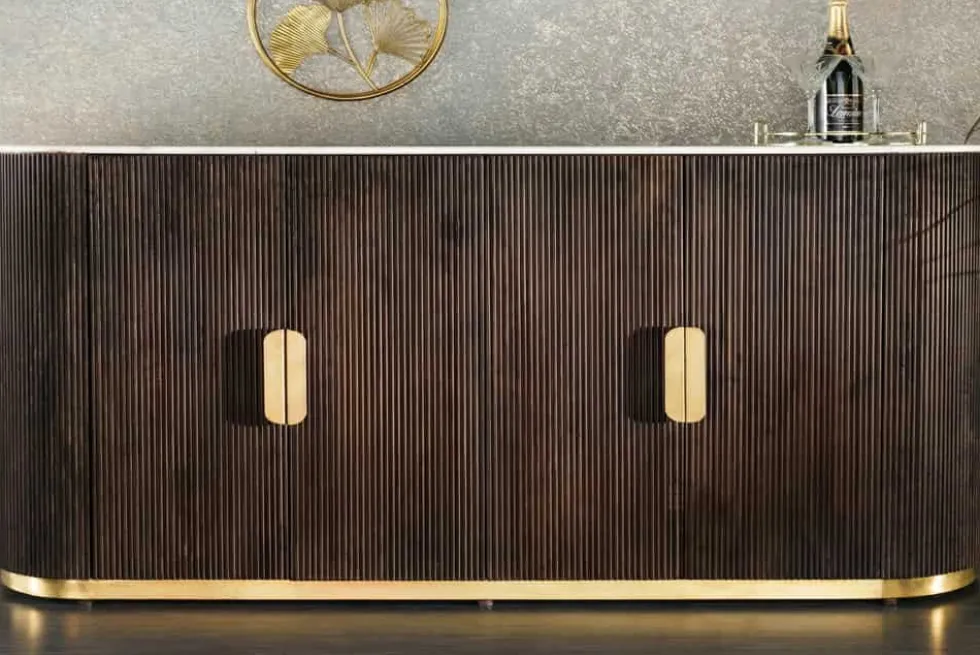 Design Sideboard GATSBY 170cm braun gold Mangoholz weiße Marmorplatte